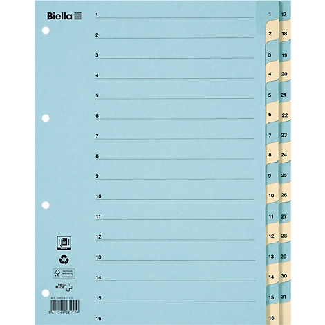Feuille bleu clair avec perforations, sur laquelle sont écrites des lignes horizontales et des numéros de 1 à 31. "Biella" est écrit en haut à gauche.
