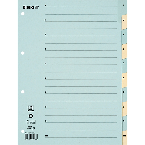 Séparateur bleu clair avec 10 sections, chacune numérotée. La marque "Biella" est imprimée en haut à gauche.
