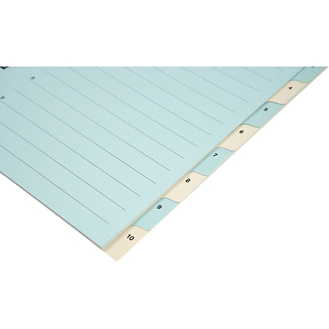Registre bleu clair avec numéros de page 5 à 10. Lignes sur les pages. Coin cassé.