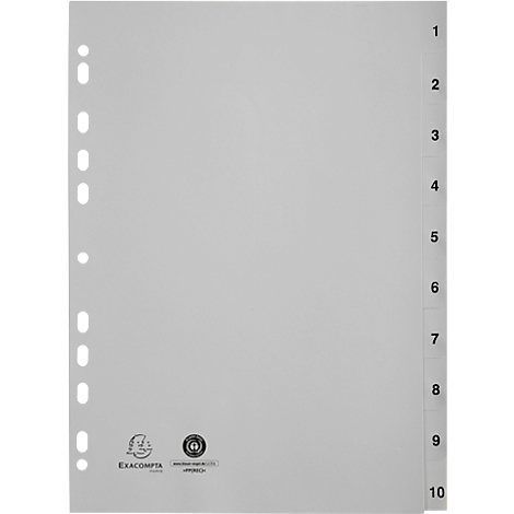 Onglets d'index gris avec les chiffres 1-10. Perforations à gauche, logos en bas à gauche, chiffres à droite.