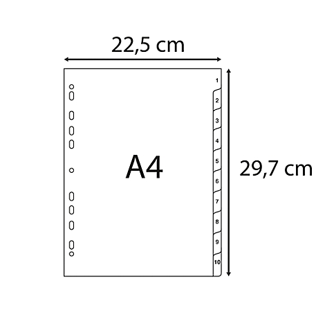 Index de classeur A4 avec dimensions. Sur fond blanc, la taille est indiquée avec 22,5 cm x 29,7 cm. Onglets d'index de 1 à 10.