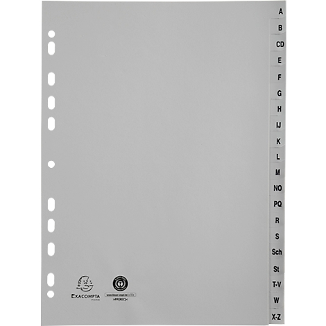 Fiche grise avec index alphabétiques. Perforation à gauche pour le classement. Désignations de lettres de A à X-Z.