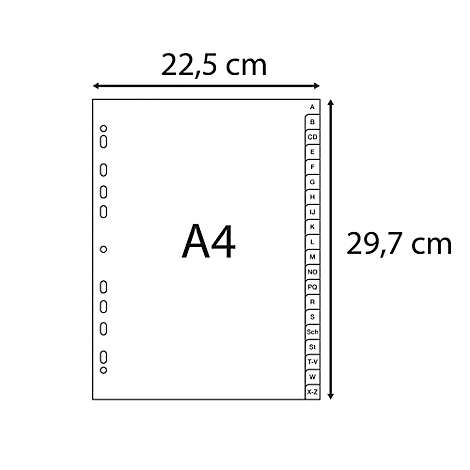 Une feuille A4 blanche avec des dimensions. En haut se trouve 22,5 cm, à droite 29,7 cm. Sur le côté gauche se trouvent des trous pour le classement.