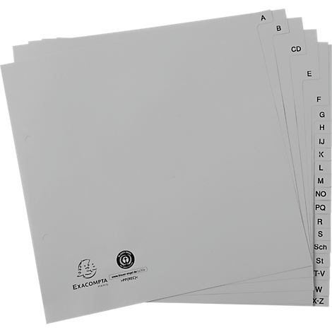 Intercalaire Exacompta 1723B, A4 demi-format, perforation 2 trous, onglets A-Z, L 225 x H 210 mm, Ange Bleu, plastique recyclé, gris