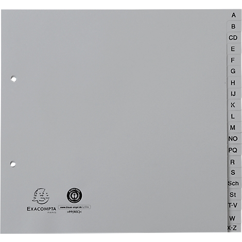Intercalaire Exacompta 1723B, A4 demi-format, perforation 2 trous, onglets A-Z, L 225 x H 210 mm, Ange Bleu, plastique recyclé, gris