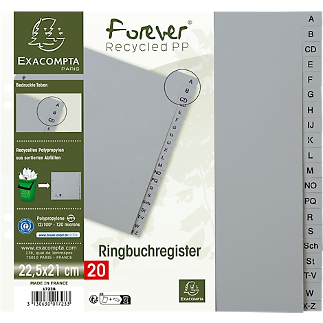 Intercalaire Exacompta 1723B, A4 demi-format, perforation 2 trous, onglets A-Z, L 225 x H 210 mm, Ange Bleu, plastique recyclé, gris