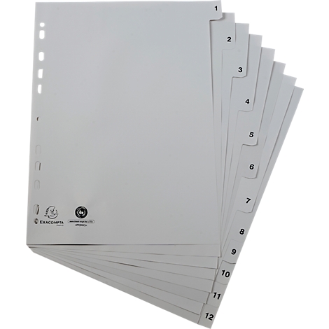 Fiches d'index grises avec des numéros noirs de 1 à 12 sur fond blanc. Perforation sur le bord gauche.