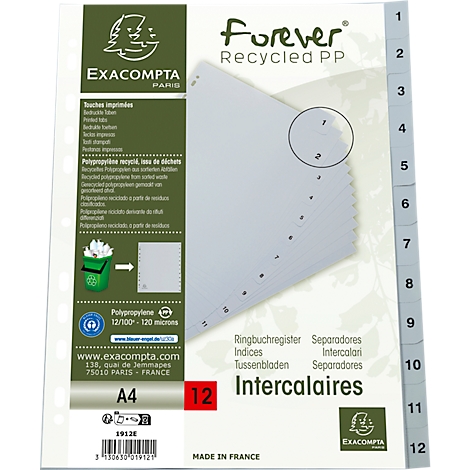Un classeur avec 12 intercalaires gris. Les feuilles sont numérotées et portent l'impression "Forever Recycled PP".