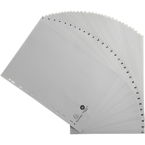 Une pile de pochettes de documents blanches et transparentes avec des numéros noirs sur les côtés. Les pochettes sont perforées et déployées.