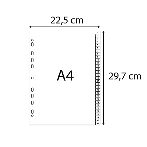 Une feuille A4 blanche avec des trous et une colonne de chiffres de 1 à 31, avec des dimensions : 22,5 cm x 29,7 cm.