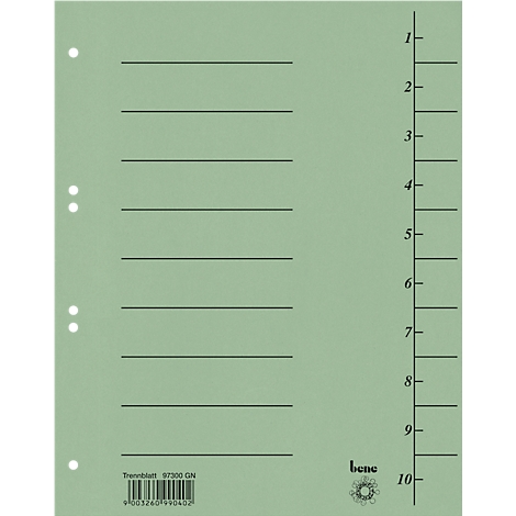 Feuille de séparation verte avec lignes et numérotation. Elle comporte des perforations pour le classement et une impression de marque.