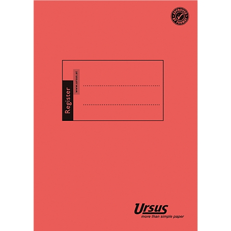 Cahier relié rouge avec registre. Sur le côté droit, l'inscription "Ursus". En haut à droite, un signe avec l'inscription "Approved by Format".