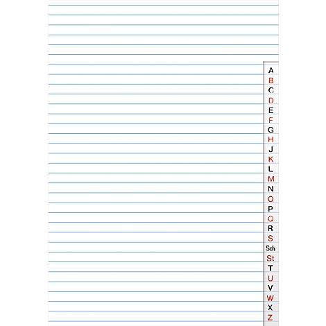 Papier ligné avec un plan alphabétique sur le bord.