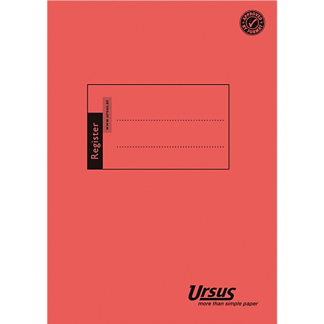 Registre rouge-orange, logo en haut à droite, barre noire à gauche avec 'Registre', en dessous un rectangle avec deux lignes pointillées.