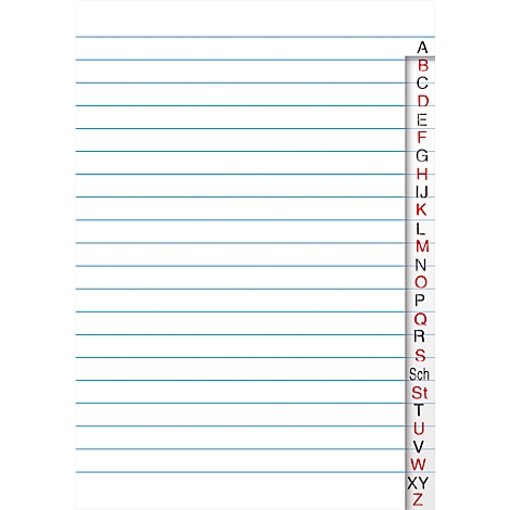 Papier ligné blanc avec un cadre bleu et une ventilation alphabétique rouge sur le côté droit.