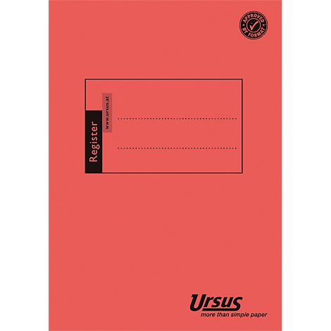 Cahier de registre Ursus rouge avec champ de registre noir, texte Ursus, logo, & "Approved by Format".