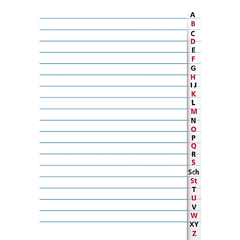 Tableau manuscrit avec les lettres de A à Z, certaines marquées en rouge, sur du papier ligné.