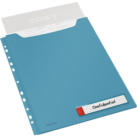 Intercalaires transparent Cosy Leitz®, opaque Privacy Maxi, opaque, A4, jusqu'à 150 feuilles, bord perforé pliable, étiquette d'écriture, 3 pièces, bleu