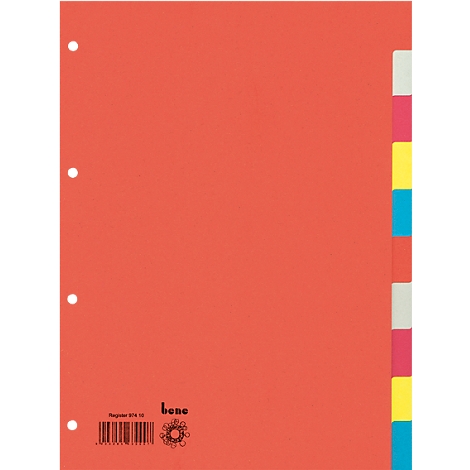 Classeur rouge avec séparateurs colorés. Trous en haut à gauche, onglets à droite. La marque 'bene' est en bas à droite.