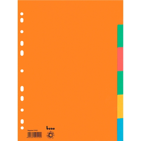 Classeur orange avec des onglets colorés. Trous sur la gauche pour la reliure à anneaux, onglets colorés sur la droite.