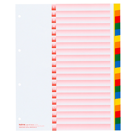 Un jeu d'onglets blanc avec 20 onglets rouges numérotés. Une bande multicolore marque le côté droit.