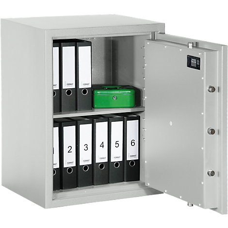 Grey safe with open door, filled with files and a green box.