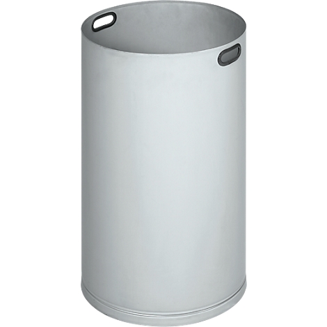 Cylindrical, gray laundry basket with two handles.