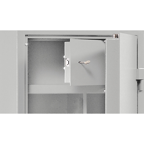 View into a grey cabinet with an open inner door with handle and latch.