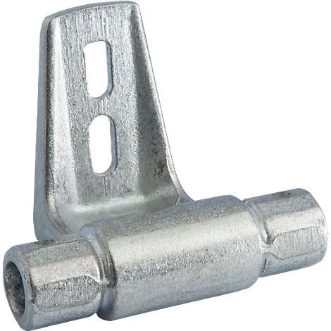 Silver metal angle with two holes and a cylindrical attachment.