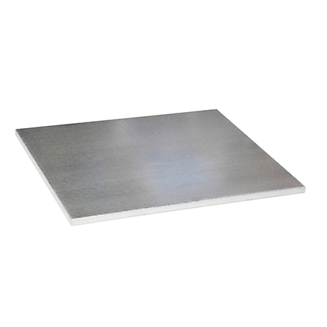 Square metal plate with white edge, photographed slightly diagonally from above.