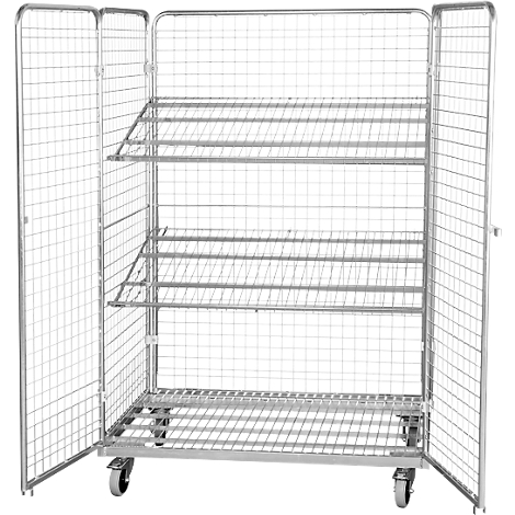 Metal transport trolley, with three shelves and grids, doors open.