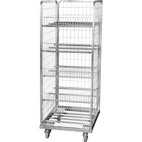 An empty roll container with multiple shelves, made of metal grid, stands on wheels.