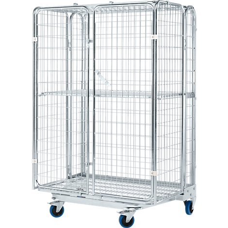 Metal grid transport cart with two shelves. The cart stands on four wheels with blue tires.