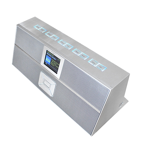 Silver speaker with display and controls, showing a music title. The speaker is set up at an angle.