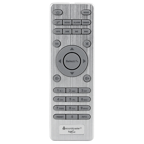 Silver remote control with grey buttons. Below are functions like power, menu, playback, volume and numbers.