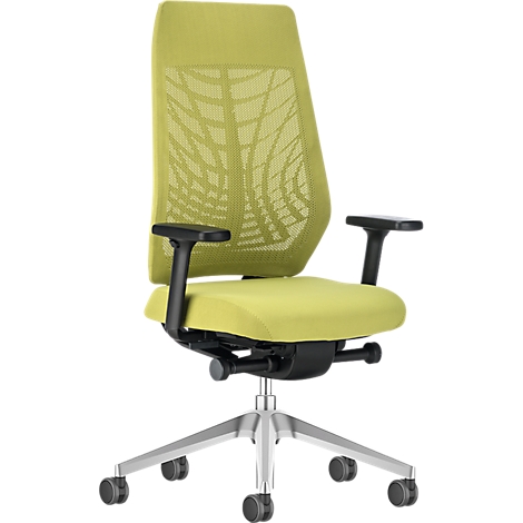 Green office chair with mesh back, black armrests, and silver base.