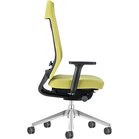 Side view of a green office chair: light green back and seat, black armrests, silver frame.