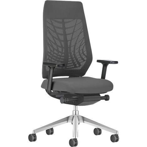 Office chair with gray mesh back and armrests. It stands on a silver base with casters.