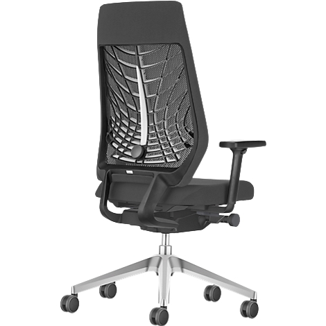 Black office chair, mesh back, silver base with wheels.