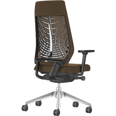 Office chair, brown fabric, black armrests, white back grid, silver base with wheels.