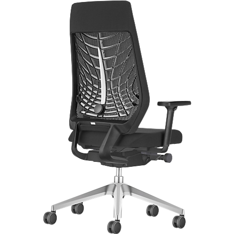 Black office chair with mesh back. The chair has a silver base with castors.