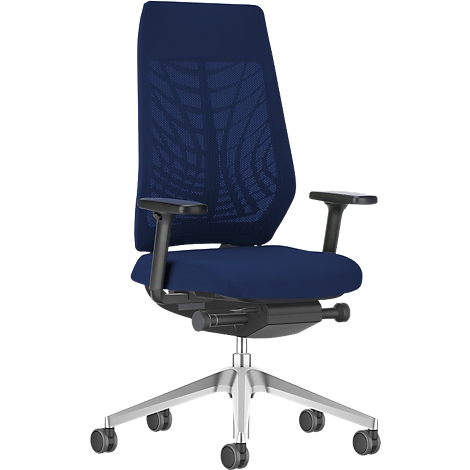 Blue office chair with mesh back, armrests and wheeled base.