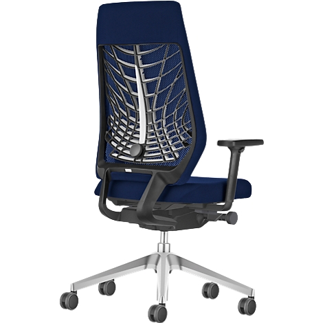 Blue office chair from the back, with mesh backrest and silver base.