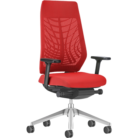Red office chair with mesh back, black armrests, and silver base.