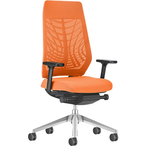 Orange office chair with mesh back and black armrests, details like wheels and metal base.