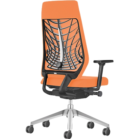 Office chair, orange with black mesh back and armrests, silver frame.