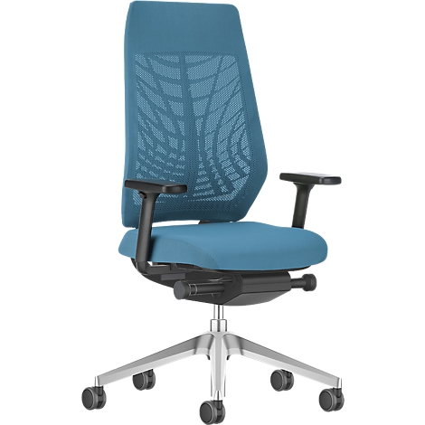 Blue office chair with mesh back, black armrests, and silver base.