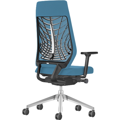 Blue office chair with mesh back, armrests, casters, photographed from behind.