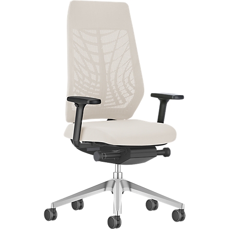 Office chair with cream mesh back and seat, black armrests, silver base.