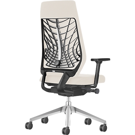 Office chair, back view, cream seat, black mesh, silver frame.